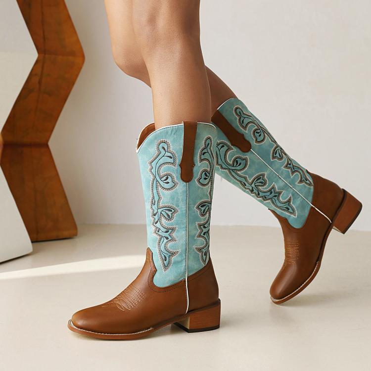 Women's Blue PU Knight Boots with Chunky Mid Heel and Embroidered Color Block