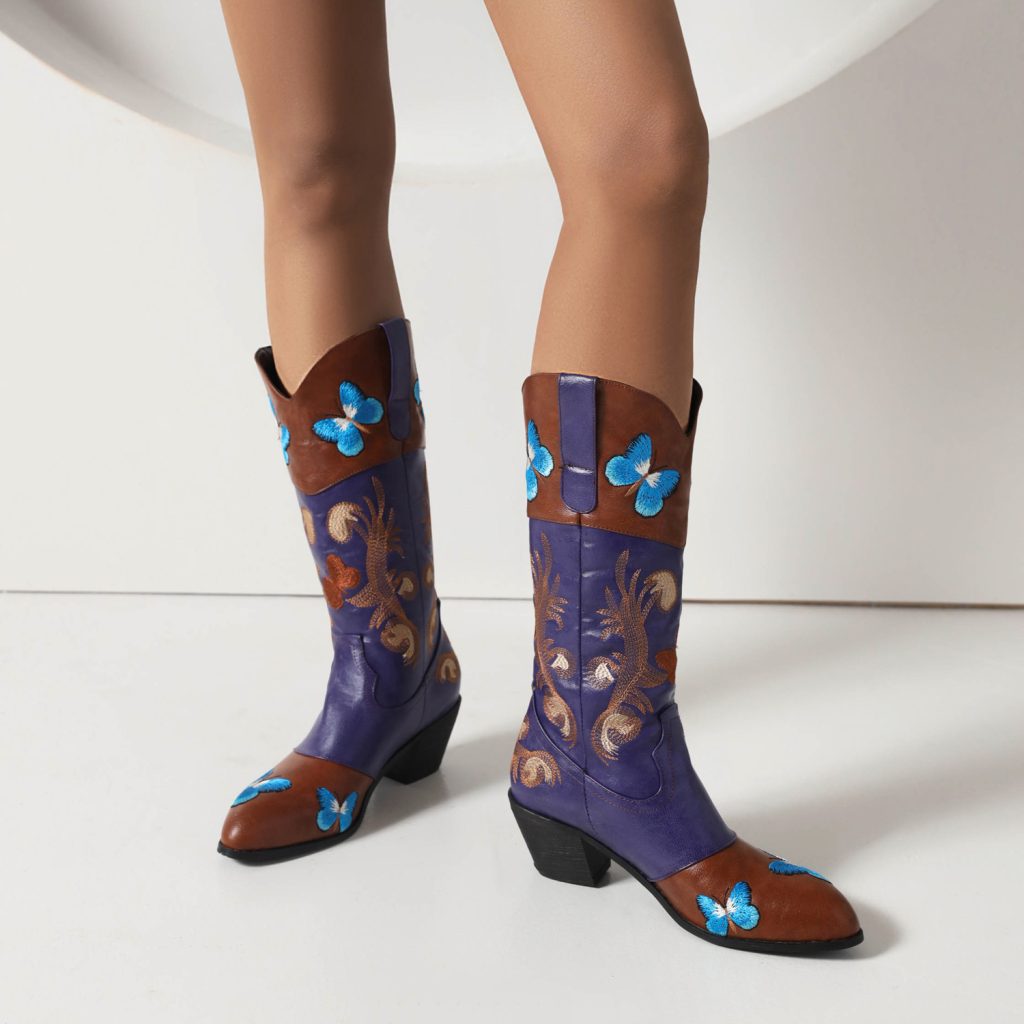 Women's High Shaft Knight Boots with Embroidered Color Block Design
