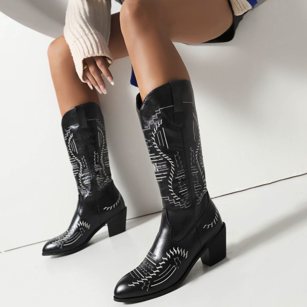 Women's High Shaft Knight Boots with Embroidery and Color Blocking - Style k.html