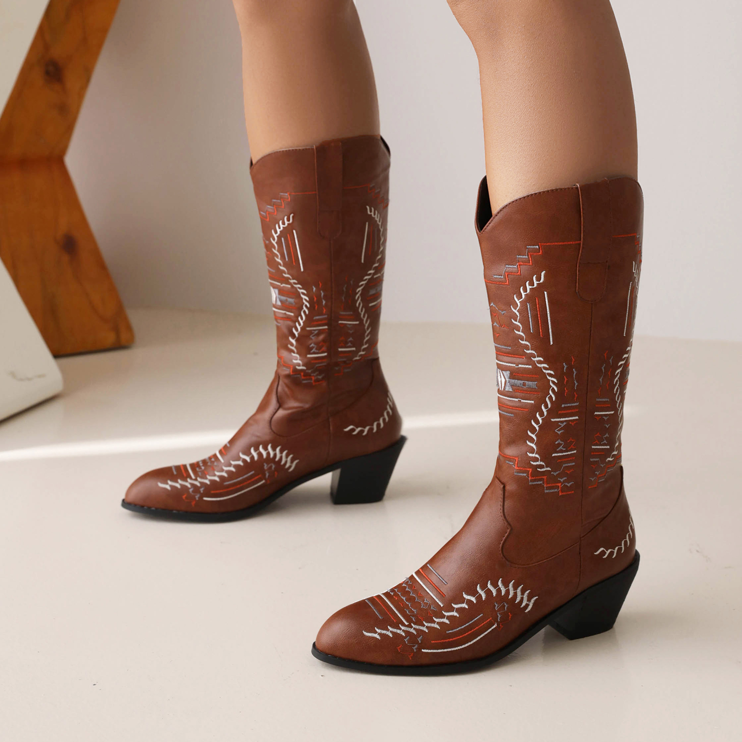 Women's High Shaft Knight Boots with Embroidery and Color Blocking - Style k.html - Image 3