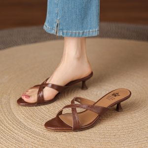 Women's Minimalist One-Strap Slide Sandals - Cow Leather Open Toe Thin Heel