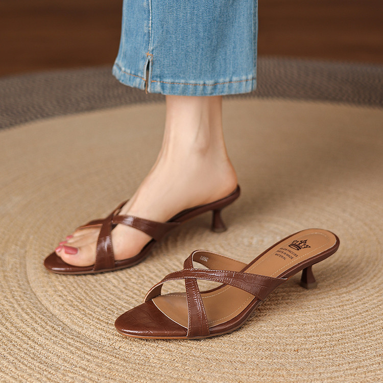 Women's Minimalist One-Strap Slide Sandals - Cow Leather Open Toe Thin Heel
