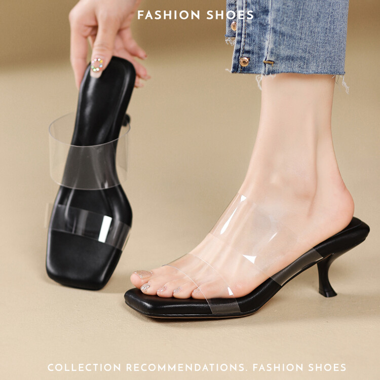 Women's One-Strap Slide Sandals with Mid Heel and Glitter Accents - Image 3