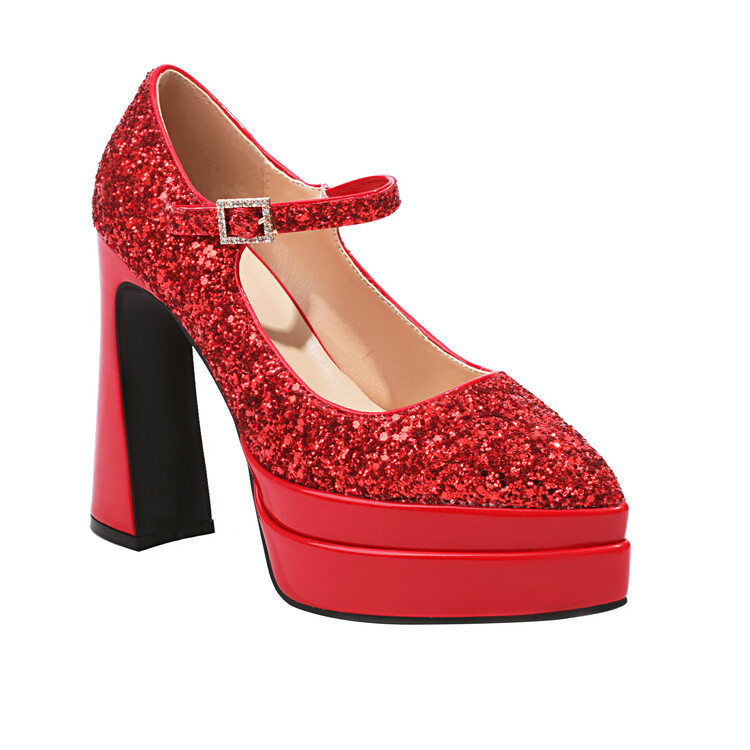 Women's Patent Leather Pointed Toe Chunky High Heel Pumps with Sequins