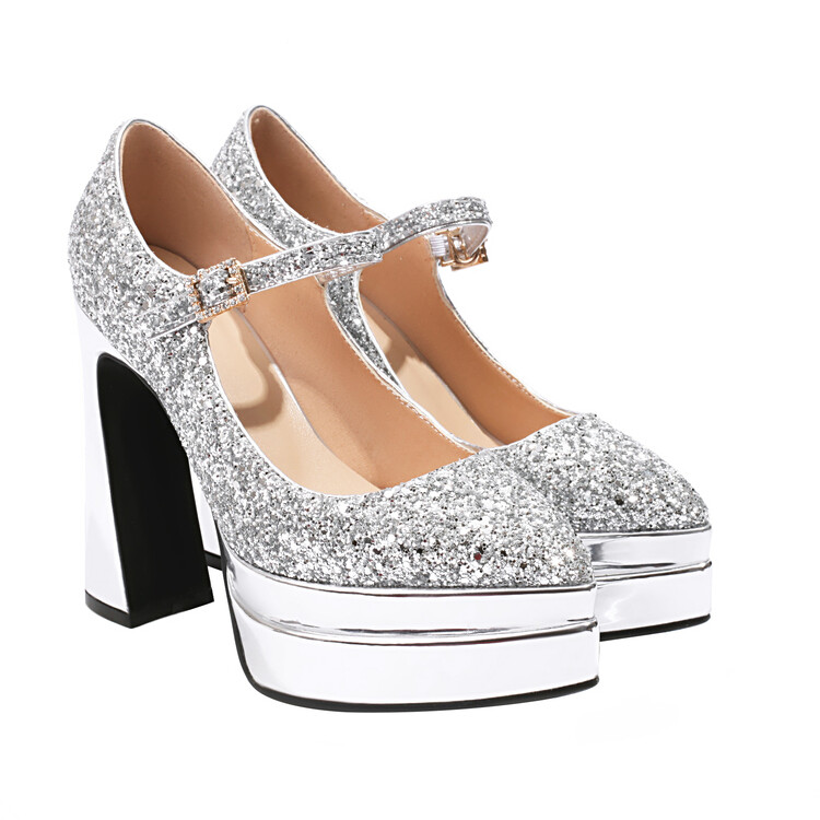 Women's Patent Leather Pointed Toe Chunky High Heel Pumps with Sequins - Image 4