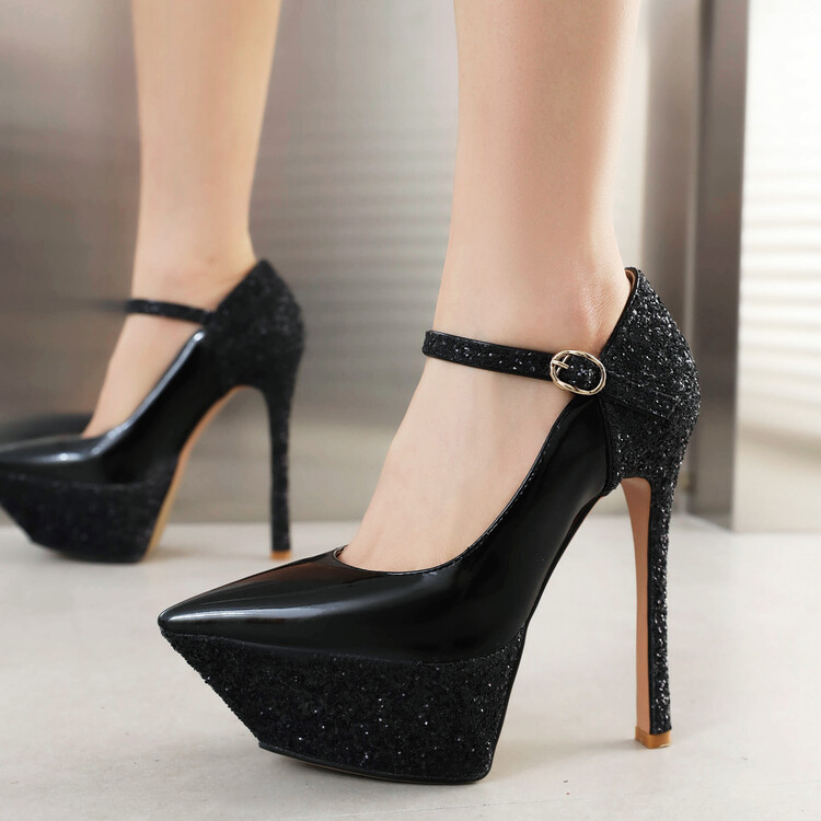 Women's Patent Leather Pointed Toe Stiletto Heels with Belt and Metal Decor